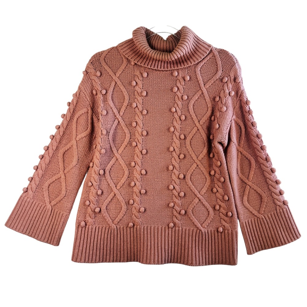 Kate Spade NY S Pink Cable‎ Knit Bobble Turtleneck Wool Blend Chunky Sweater